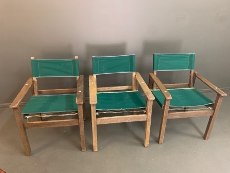 3 Hardwood and Canvas Outdoor Chairs - As Is