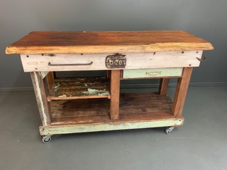 Nicely Made Rustic Hardwood Bench on Wheels with Slab Top