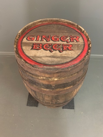 Vintage Steel Banded Oak Counter Top Barrel - 1 Timber End Painted with 'Ginger Beer'