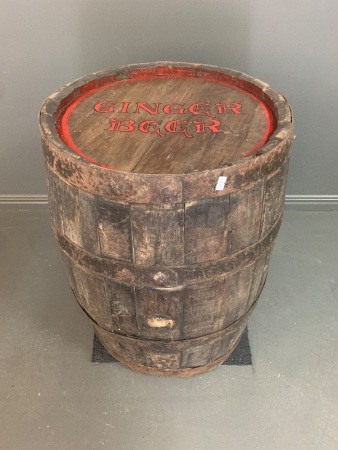 Vintage Steel Banded Oak Counter Top Barrel - 1 Timber End Painted with 'Ginger Beer'