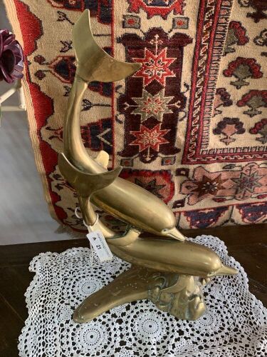Large Vintage Brass Figure of 2 Dolphins Surfing a Wave