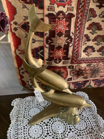 Large Vintage Brass Figure of 2 Dolphins Surfing a Wave