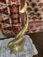 Large Vintage Brass Figure of 2 Dolphins Surfing a Wave - 2