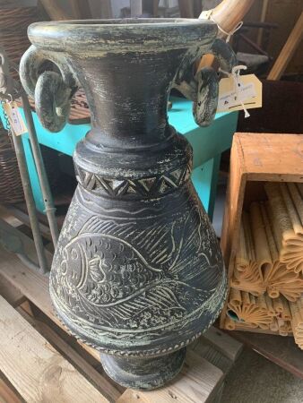 Black Painted Terracotta Urn with Rings