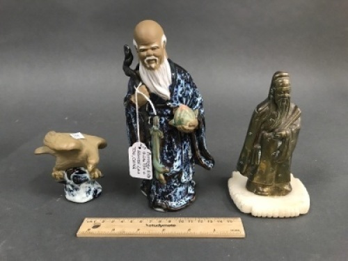 3 Chinese Figures, Pottery Lao Tse & Bird + Bronze Lao Tse