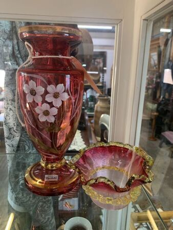 Ruffled Cranberry Glass Dish + Bohemian Cranberry Glass Vase