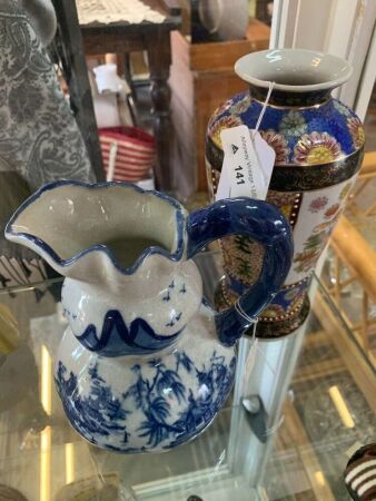 Blue and White Stoneware Jug + Hand Painted Vase - Marked to Bottom