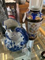 Blue and White Stoneware Jug + Hand Painted Vase - Marked to Bottom - 2