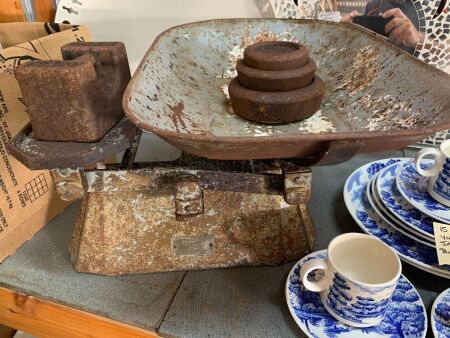 Large Antique Set of Cast Iron Balance Scales and Weights