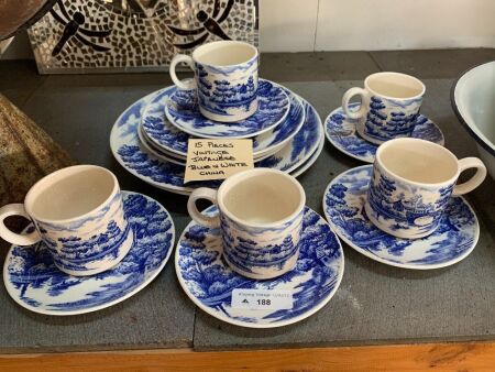 Vintage Japanese Blue and White China - 15 Pieces on White Metal Tray