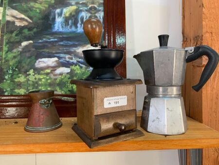 Vintage Coffee Grinder, Stovetop Espresso Maker, Copper Milk Pourer