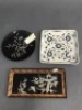 2 Lacquered and Inlaid Shell Cut Trays + B/W Ceramic Dish