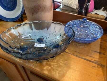 2 Pieces Pressed Blue Glassware