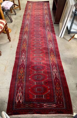 Hand Knotted Pure Wool Afghan Kunduz Runner in Ruby Red and Blue