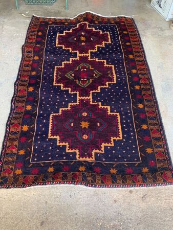 Hand Knotted Pure Wool Tribal Design Baluchi Rug in Navy, Gold and Red