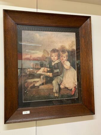 Large Antique Oak Framed Print of 2 Children