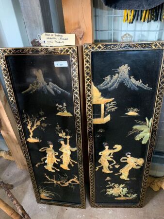 Pair of Asian Vintage Black Lacquered Panels