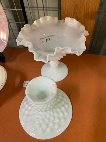 2 Pieces of Fenton White Hobnail Glass