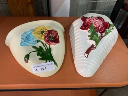 2 Vintage Floral Ceramic Wall Pockets