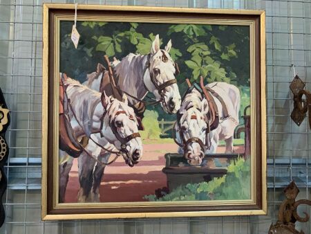 Original Framed Artwork of 3 Working Horses