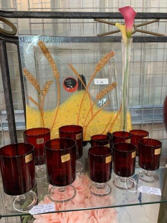 Asstd Lot of Art Glass, Vase and Ruby Red Glasses