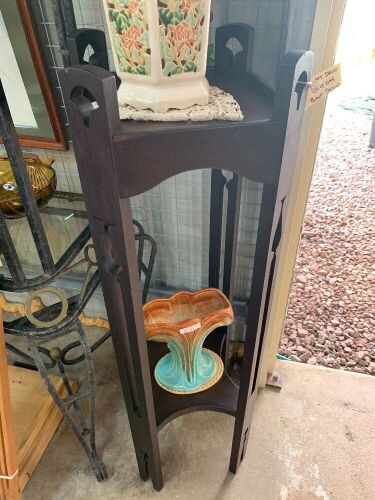 Antique Arts and Crafts Oak 2 Tier Plant Stand