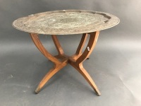 Syrian Brass Travelling Table c1920 with Later Folding Timber Legs