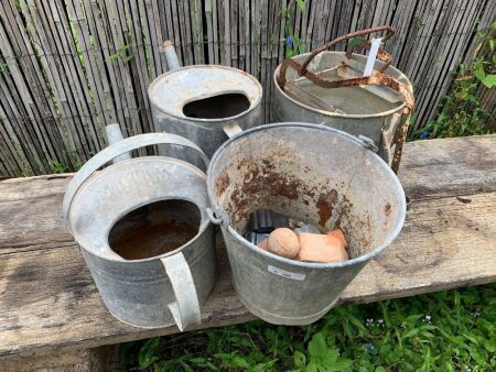 2 Vintage Galv. Buckets + 2 Watering Cans