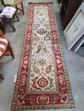 Hand Knotted Pure Wool Afghan Chobi Runner in Cream, Green and Red Ochre