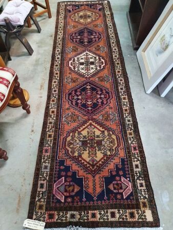 Hand Knotted Pure Wool Persian Hamadan Runner in Navy and Terracotta