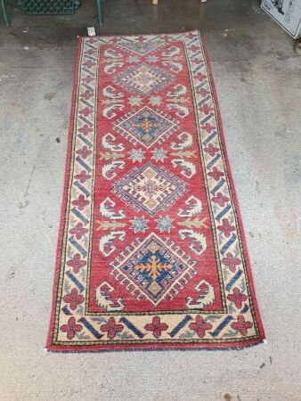 Hand Knotted Pure Wool Kazak Runner in Blue, Cream and Rose Pink