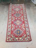 Hand Knotted Pure Wool Kazak Runner in Blue, Cream and Rose Pink