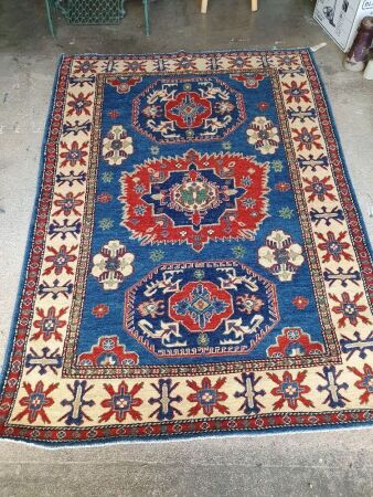 Hand Knotted Pure Wool Kazak Rug in Red, Blue and Cream
