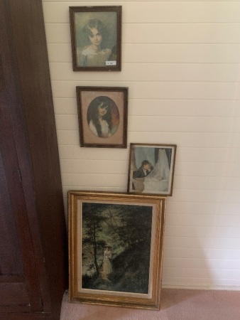 2 Small Framed Vintage Prints of Young Girls + Mother and Baby + Large Gilt Framed Print of Lady on Riverbank