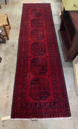 Knotted Pure Wool Afghan Turkoman Runner in Blood Red and Black