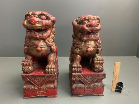 Pair of Timber Foo Dogs - Red and Gold