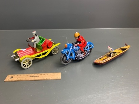 Lot of 3 Asstd Clockwork Tin Toys - Inc Car, Bike and Row Boat