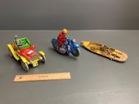 Lot of 3 Asstd Clockwork Tin Toys - Inc Car, Bike and Row Boat - 2