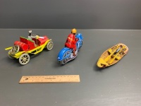 Lot of 3 Asstd Clockwork Tin Toys - Inc Car, Bike and Row Boat - 3