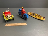 Lot of 3 Asstd Clockwork Tin Toys - Inc Car, Bike and Row Boat - 4