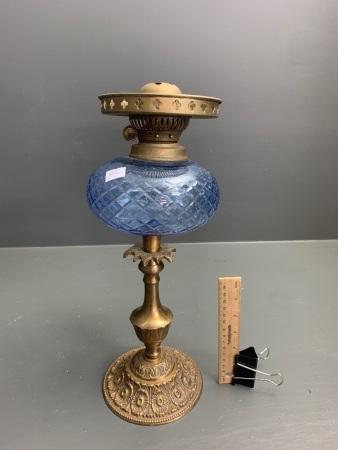 Vintage Brass Kero Lamp with Cut Blue Glass Resevoir - No Chimney
