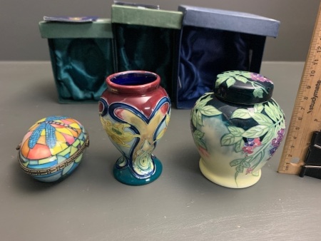 3 x Old Tupton Ware Hand Painted Tube Lined Small Vases in Boxes - 2 Painted by Jeanne McDougal