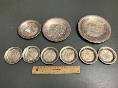 3 Graduated Hallmarked Silver Serving Trays + 6 Tea Glass Silver Saucers