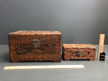 2 Vintage Carved Camphorwood Jewellery Boxes