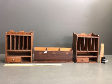 2 x Vintage Timber Desk Tidy's + Letter Rack - Largest App. 190mm x 110mm x 250mm