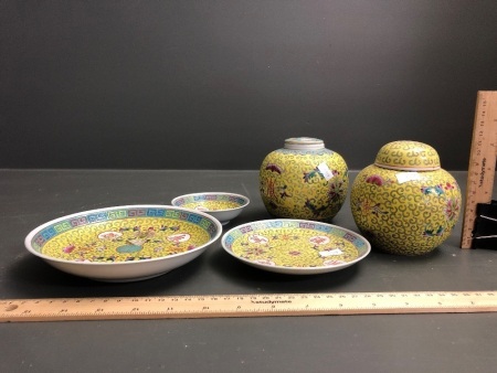 Lot of 5 Pieces of Yellow Canton Enamel c1950's