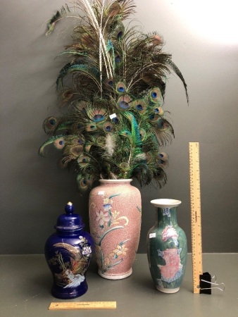 2 Ceramic Vases + Ginger Jar + Peacock Feathers