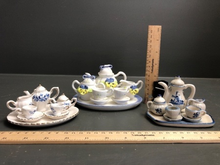 3 x Miniature Blue & White Ceramic Tea Sets