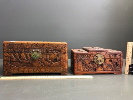 2 Vintage Hand Carved Camphorwood Jewellery / Trinket Boxes