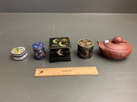 5 Asstd Small Boxes inc 3 Cloisonne, Laquerware & Pottery